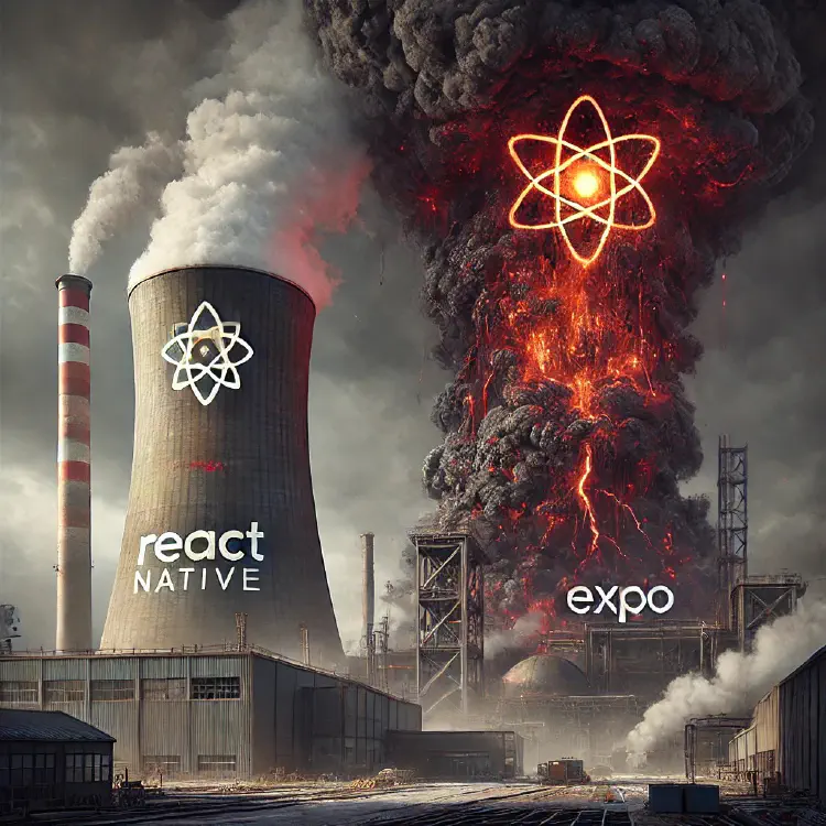 A picture of two nuclear reactors one with a react native logo and one with an Expo logo going into meltdown