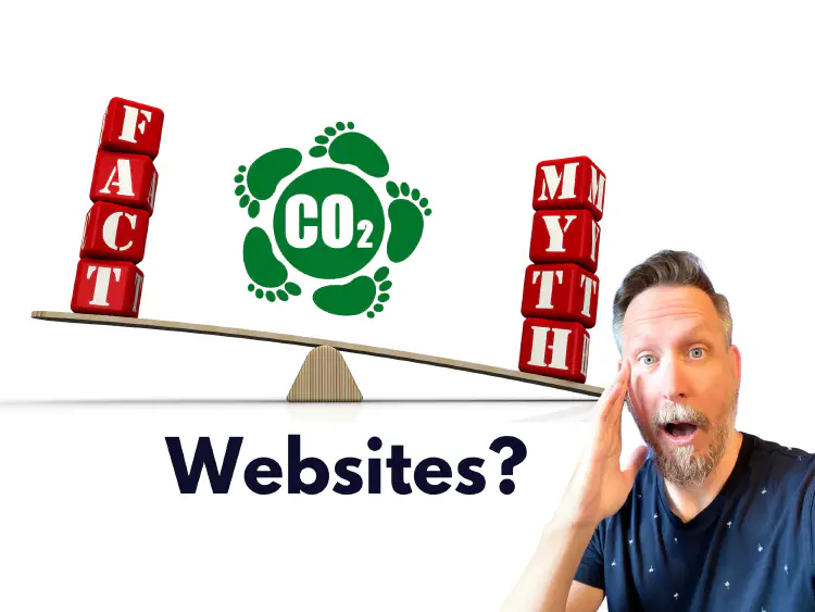 An image of a balance scale on the left are blocks that say Fact on the right Myth. The scale is tipped down on the right side. In middle is a graphic representing carbon footprint. Beneath it says Websites? At the rightis a protrait of Jay McBride holding his face in surprise. This image represents the debate of weather carbon friendly websites or fact or myth.