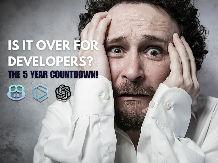 Image of a male who is worried about his future. Heading that says Is it over for Developers? THE 5 Year Countdown!