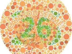 Image of a color blind test , orange and greens in color, with heading that reads Can you see me? in orange