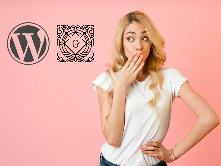 Image of a woman looking impressed at a Gutenberg logo. Background is pink and she has her hand over her mouth.