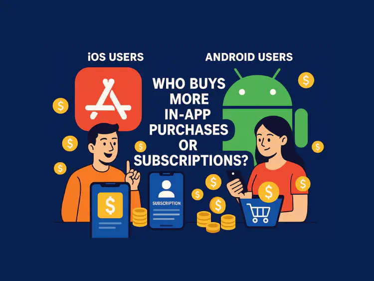 Image of Apple AppStore vs Android title reads Who buys more in-app purchases or subscriptions?