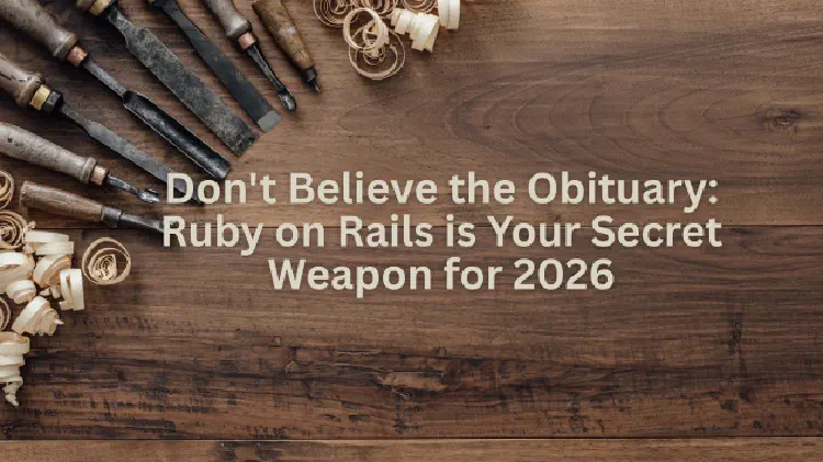 Top down view of a craftsmans table with old woodworking tools. Heading reads: Don't Belive the Obituary: Ruby on Rails is Your Secret Weapon for 2026