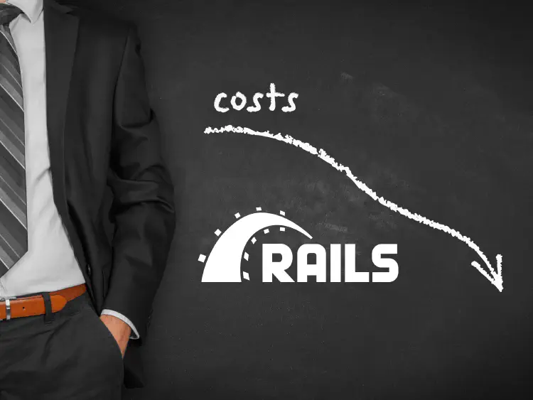 Costs reduction, costs cut, costs optimization business concept. Businessman with simple graph with descending curve. A Ruby on Rails Logo is under the graph.