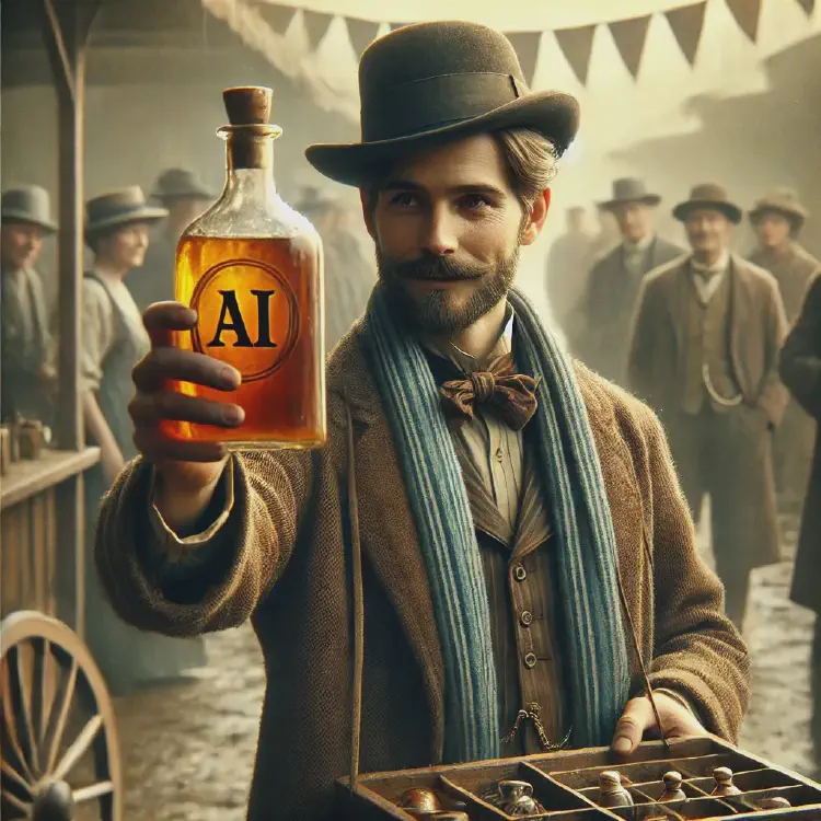 An image of a peddler selling snake oil with an AI logo on it