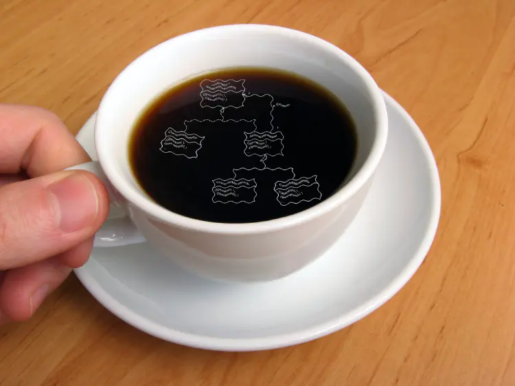 A picture of a coffee cup with a UML diagram made from cream in the coffee floating on top. With the heading in block letters of: Is UML Still Relevant in 2024? Exploring Modern Alternatives